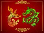 تابلو بوم فنگ شویی آیلاموند - طرح ققنوس و اژدها سبز