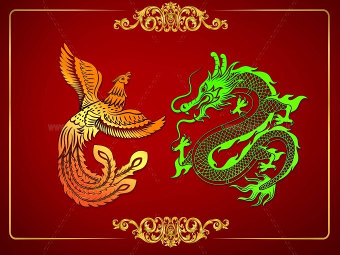 تابلو بوم فنگ شویی آیلاموند - طرح ققنوس و اژدها سبز